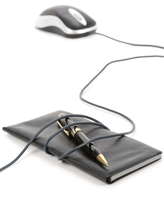 Computer mouse with cord wrapped around a checkbook or notebook and ballpoint pen.